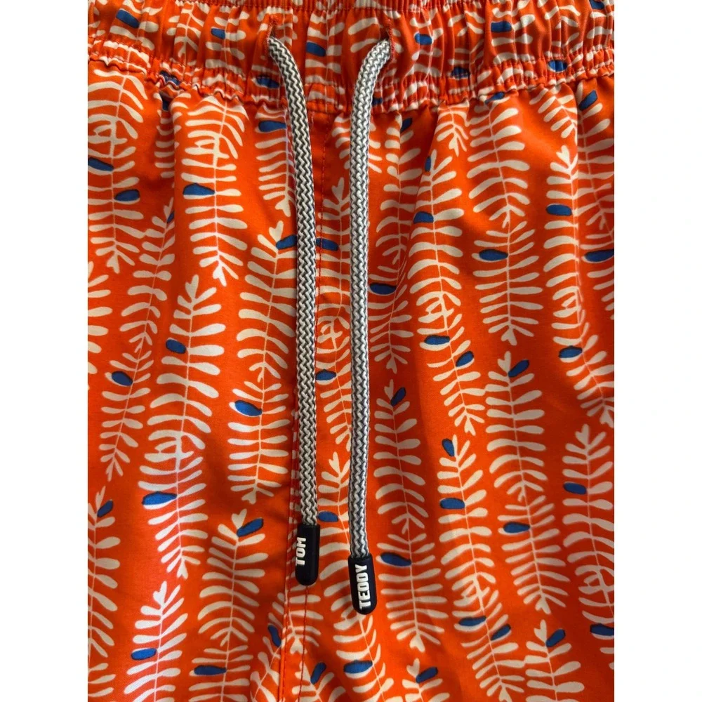 Tom & Teddy Mens Orange Leaf Print Swim Trunks Size Large Elastic Waist Shorts